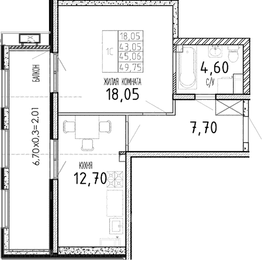 Продается 1-комн. квартира, 43.05 м²