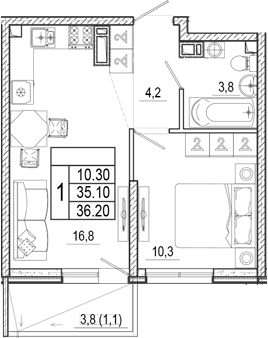 2-комн., 35.1 м², 2/17 этаж, ЖК «Лестория»