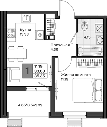 1-комн., 33.03 м², 5/8 этаж, ЖК «МОНО квартал»