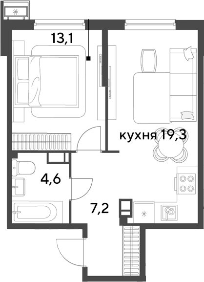 2-комн., 44.2 м², 3/18 этаж, ЖК «Парк Победы»