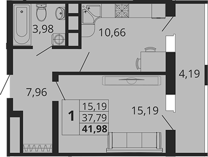 1-комн., 37.79 м², 17/18 этаж, ЖК «Родные Просторы»