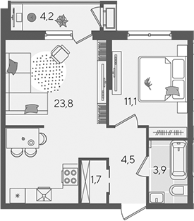 2-комн., 45 м², 2/24 этаж, ЖК «Рекорд»