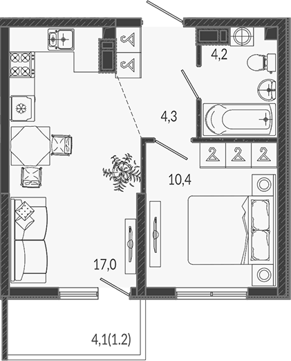 2-комн., 35.9 м², 9/12 этаж, ЖК «Флора»
