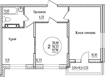 2-комн., 50.27 м², 14/16 этаж, ЖК «Друг»