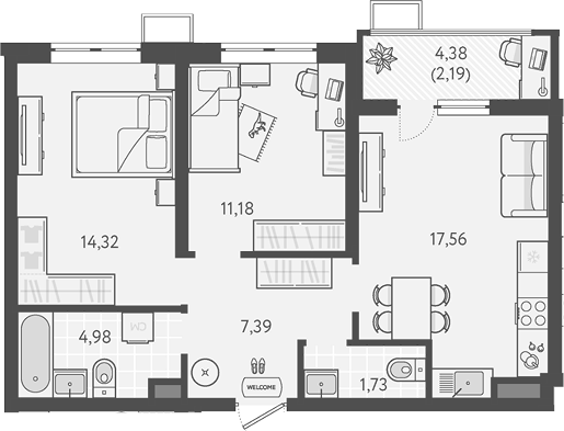 2-комн., 57.16 м², 5/9 этаж, ЖК «Теплые края»