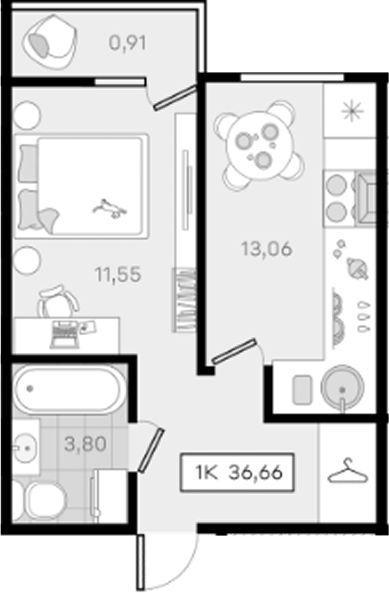 1-комн., 35.75 м², 6/8 этаж, ЖК «История 3»