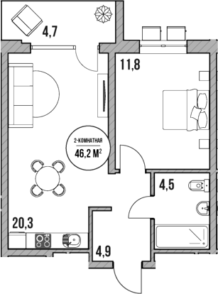 2-комн., 41.5 м², 5/5 этаж, ЖК «МореТут»