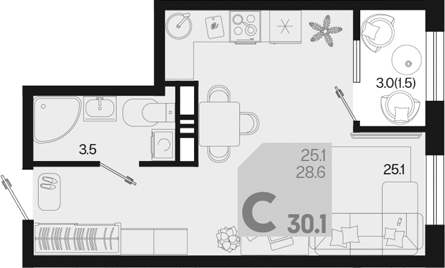 Студия, 28.6 м², 14/18 этаж, ЖК «Первое место»