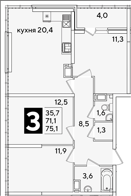 4+ комнаты, 71.1 м², 16/16 этаж, ЖК «Самолет»