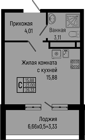 Студия, 23.59 м², 2/16 этаж, ЖК «Sun Hills Ольгинка»