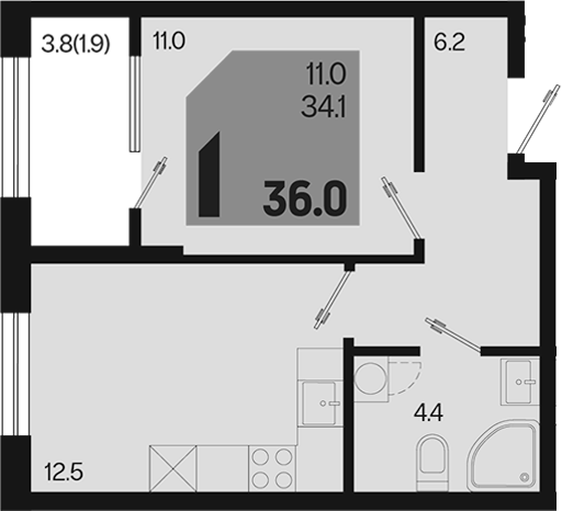 1-комн., 34.1 м², 2/18 этаж, ЖК «Первое место»