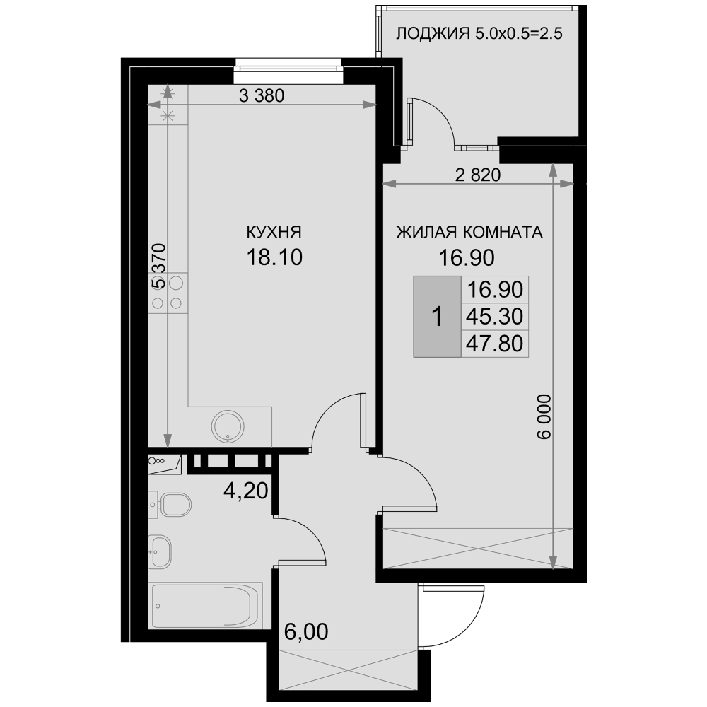 2-комн., 45.3 м², 5/7 этаж, ЖК «История»