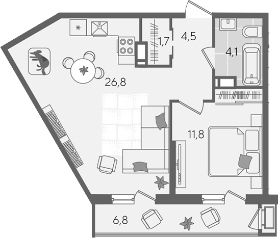 2-комн., 48.9 м², 22/24 этаж, ЖК «Рекорд»