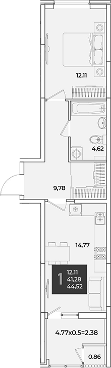 1-комн., 42.14 м², 2/18 этаж, ЖК «Образцово»