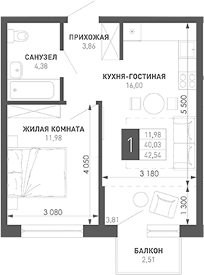 Продается 1-комн. квартира, 42.2 м²