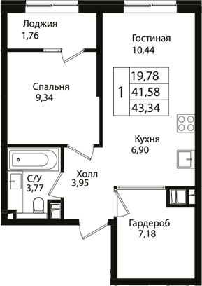 2-комн., 41.3 м², 7/9 этаж, ЖК «Патрики»