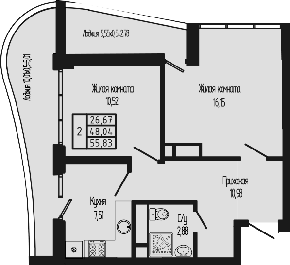2-комн., 48.04 м², 12/12 этаж, ЖК «Sun Hills Ольгинка»