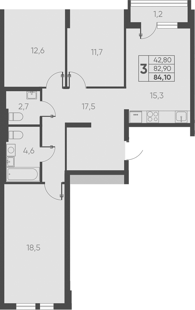 3-комн., 82.9 м², 15/15 этаж, ЖК «Барса»