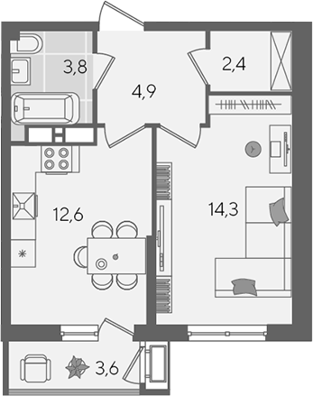 1-комн., 38 м², 22/24 этаж, ЖК «Рекорд»