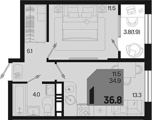 1-комн., 34.9 м², 8/18 этаж, ЖК «Первое место»