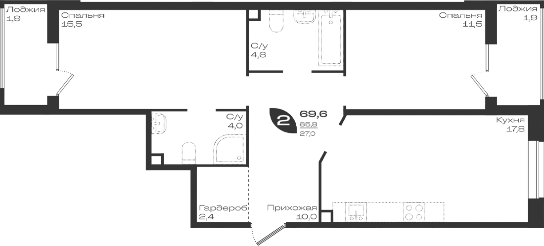 2-комн., 65.8 м², 2/18 этаж, ЖК «Ботаника»