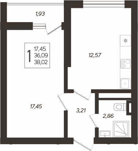 1-комн., 36.87 м², 18/19 этаж, ЖК «Кислород»