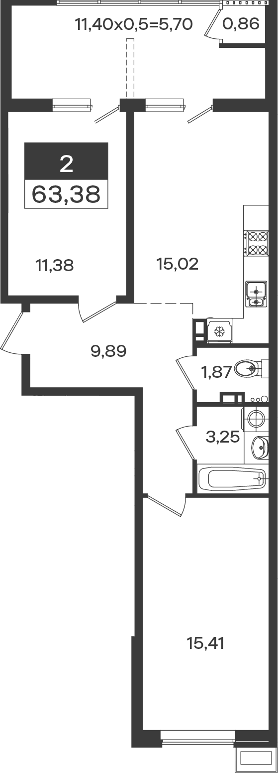 2-комн., 57.68 м², 7/18 этаж, ЖК «Образцово»
