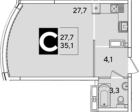 Студия, 35.1 м², 15/16 этаж, ЖК «Самолет»