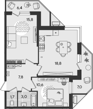 3-комн., 57.7 м², 2/24 этаж, ЖК «Рекорд»