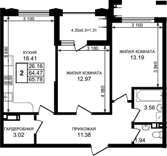 2-комн., 64.47 м², 6/8 этаж, ЖК «Резиденция морей»