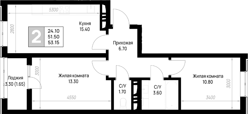 2-комн., 51.5 м², 2/9 этаж, ЖК «На высоком берегу»