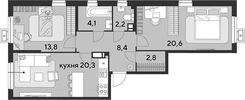 3-комн., 72.2 м², 11/18 этаж, ЖК «Парк Победы»
