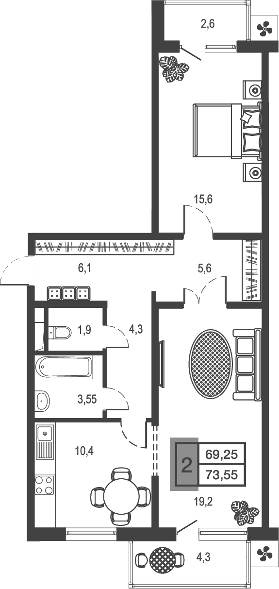 2-комн., 66.66 м², 2/23 этаж, ЖК «Дом у озера»