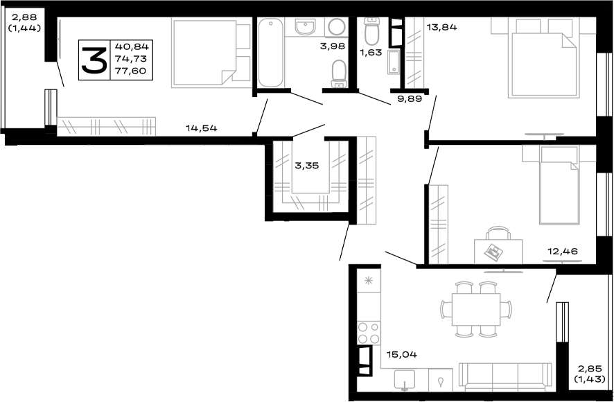 3-комн., 74.73 м², 4/14 этаж, ЖК «Горные высоты»