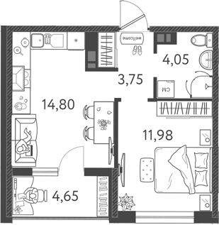 Продается 2-комн. квартира, 34.58 м²