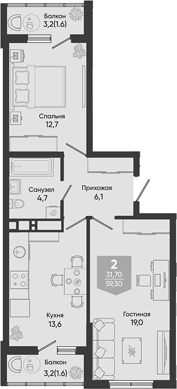 2-комн. Облака