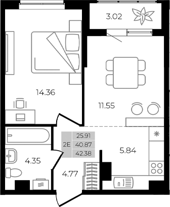 2-комн., 40.87 м², 1/8 этаж, ЖК «Курортный регион»