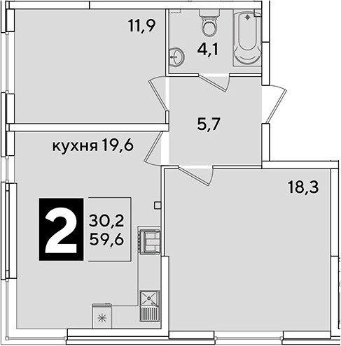 3-комн., 59.6 м², 2/16 этаж, ЖК «Самолет»
