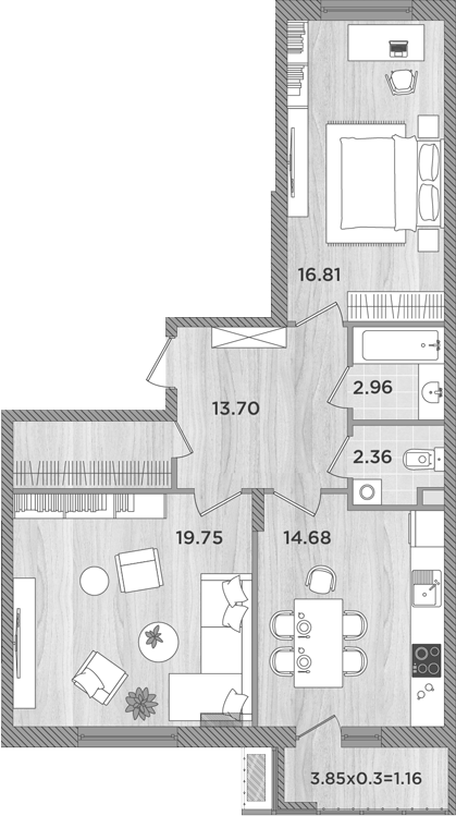 2-комн., 70.26 м², 2/8 этаж, ЖК «Сады у моря»