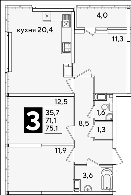 Продается 4-комн. квартира, 71.1 м²
