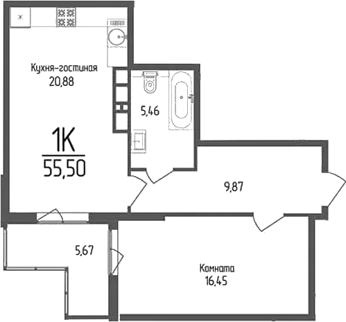 Продается 1-комн. квартира, 52.66 м²