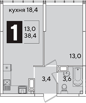 2-комн., 38.4 м², 15/16 этаж, ЖК «Самолет»