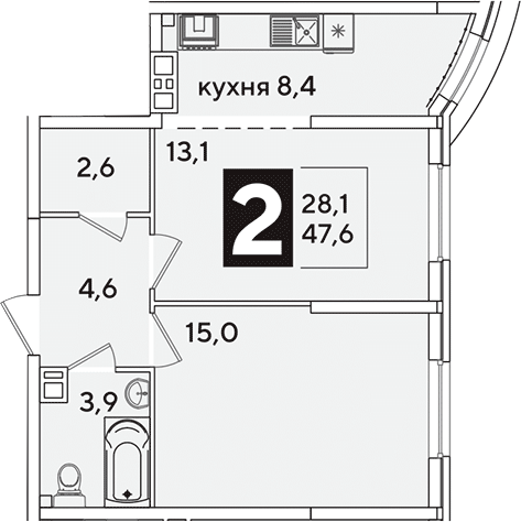 2-комн., 47.6 м², 8/16 этаж, ЖК «Самолет»