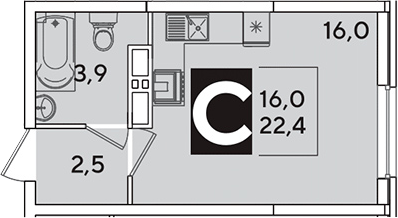Студия, 22.4 м², 13/16 этаж, ЖК «Самолет»