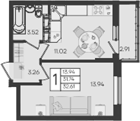 1-комн., 31.74 м², 5/18 этаж, ЖК «Дом 101»