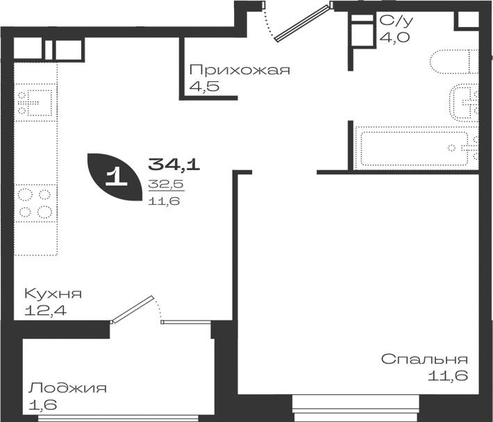 1-комн., 32.5 м², 3/18 этаж, ЖК «Ботаника»