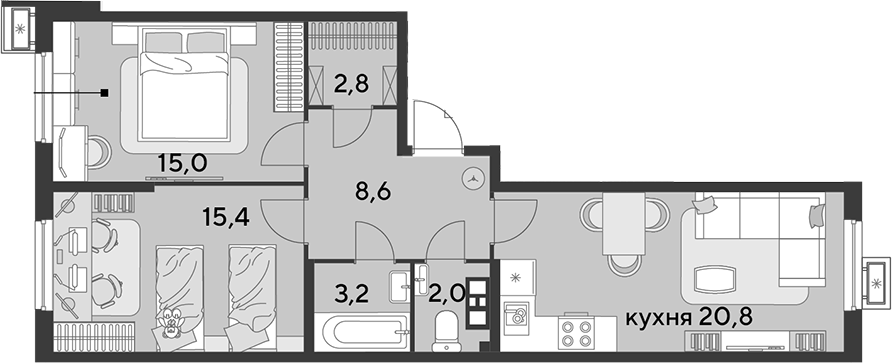 3-комн., 67.8 м², 5/18 этаж, ЖК «Парк Победы»