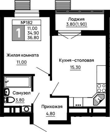 1-комн., 34.9 м², 3/9 этаж, ЖК «Традиции»