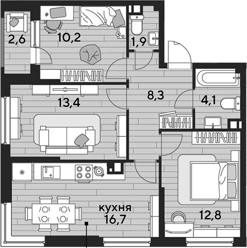 3-комн., 67.4 м², 9/16 этаж, ЖК «DОГМА ПАРК»