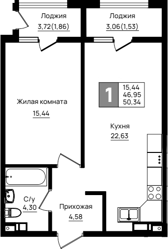 1-комн., 46.95 м², 8/9 этаж, ЖК «Резиденция морей»
